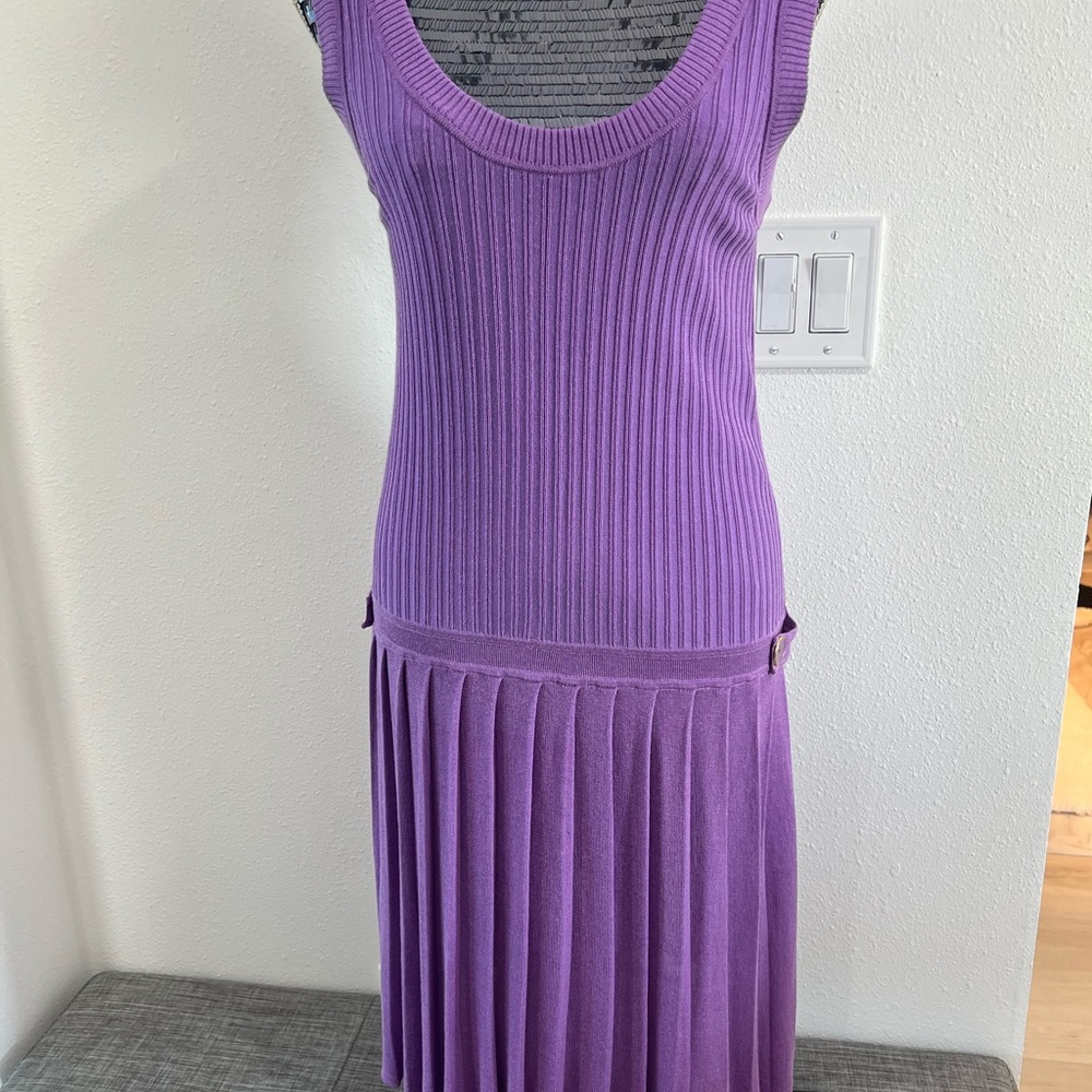 Purple knit dress, drop waist, pleated, size M.